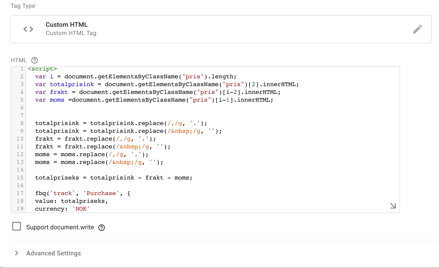 En egendefinert HTML-tagg i Google Tag Manager