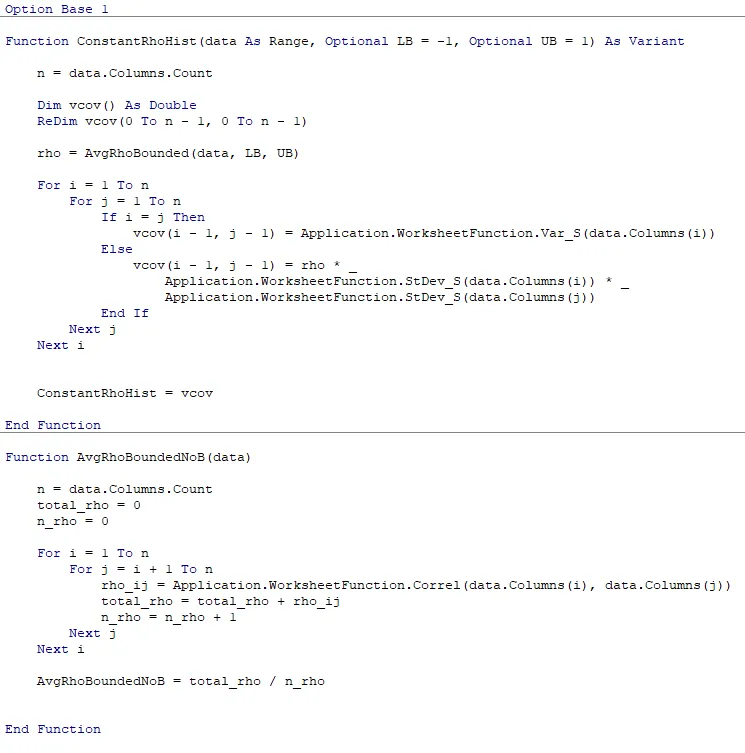 VBA code in the Excel editor for two functions, ConstantRhoHist and AvgRhoBoundedNoB