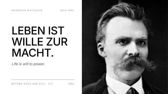 Leben ist Wille zur Macht. Life is will to power. Med svarte versaler på hvit bakgrunn, ved siden av et svart-hvitt portrett av Friedrich Nietzsche med den store barten sin
